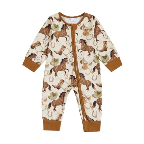Western Baby Boy Clothes Newborn Cow/Horse Print Romper Long Sleeve Onesie Zipper Jumpsuit Overalls Cowboy Outfit