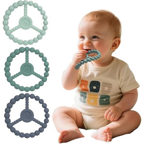 3 Pack Baby Teething Toys 3-6 Months, Silicone Ring Teethers for Babies 6-12 Months, Freezer Safe Chew Toy with Textured Grip for Boys Girls Teething Relief, Infant Easter Gift (Mint Green Blue)