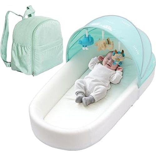 Portable Newborn Nest Lounger-Travel Bassinet,XL co-Sleeper with Canopy & Mosquito Net-Lightweight Foldable Lounger Cotton Cover & Supportive Mattress and Washable, Indoor-Outdoor Use (Green)
