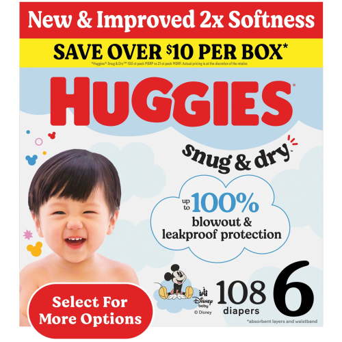 Huggies Snug & Dry Baby Diapers, Size 6 (35+ lbs), 108 Ct (Select for More)