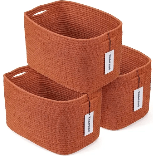 Cotton Rope storage Basket Bins Woven Basket for Organizing Shelves 15X10X9.3" Rectangle Decorative Baskets For storage Clothes Toys Books Towels Nursery basket organizer 3 pack Rust