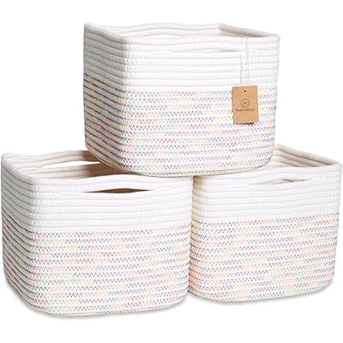 Storage Cubes 9”x9”x7”Cotton Rope Woven Baskets for Organizing 3-Pack | 9 Inch Cube Storage Bin | Small Basket for Shelf Nursery, Pantry, Decorative Plant, Bathroom Closet, Toy Gift