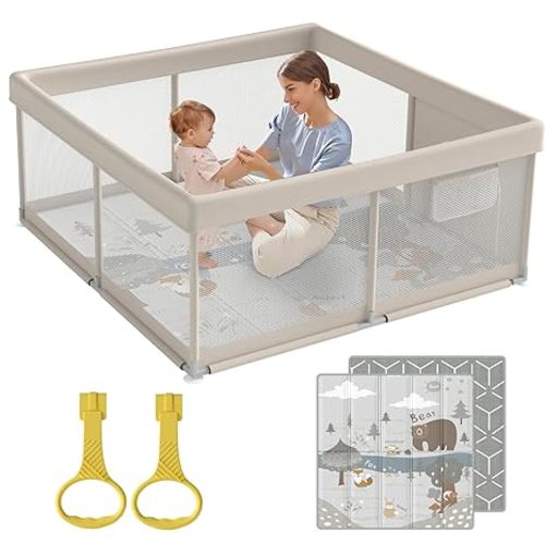 Fodoss Baby Playpen with Mat, Small Baby Play Pen(47x47inch), Playpen for Babies and Toddler (47×47inch Beige with mat)