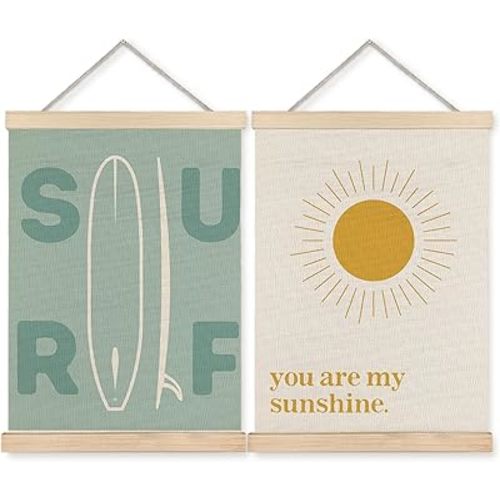 BearCake Beach Wall Decor, Boho You are My Sunshine Surf Wall Art Poster Hanger Frame, Surf Room Decor, Coastal Beachy Canvas Prints Framed Wall Decor for Home Office, 12x16 Inch Set of 2