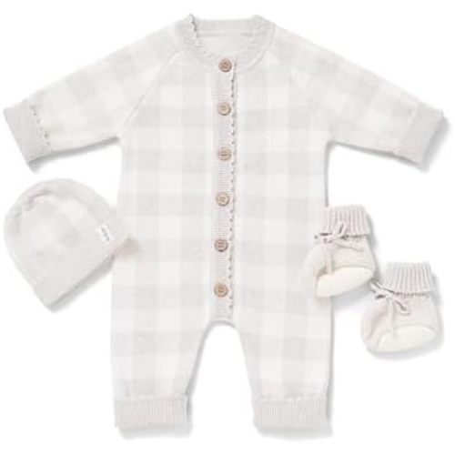 Avibae 3-Piece Cotton Newborn Baby Set with Knit Romper, Hat, Booties for Boys and Girls,Long Sleeve Cute Infant Outfit