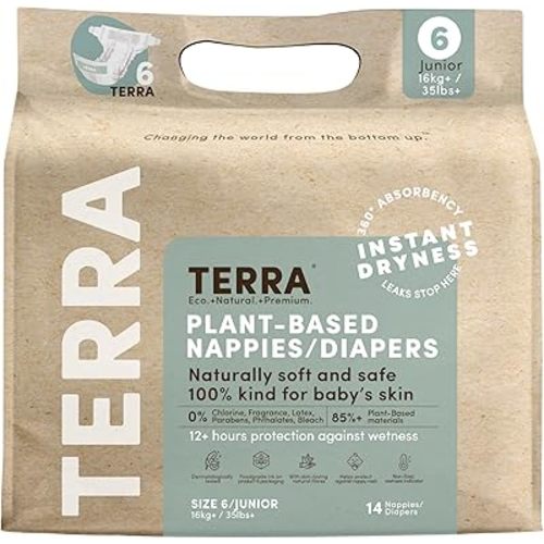 Terra Size 6 Diapers: 85% Plant-Based Diapers, Ultra-Soft & Chemical-Free for Sensitive Skin, Superior Absorbency for Day or Nighttime Diapers, Designed for Toddlers 35+ Pounds, 14 Count