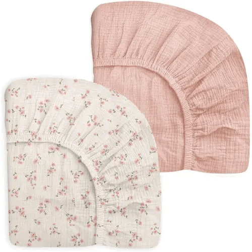 Pack and Play Sheets for Baby Boy and Girl 2 Pack, Neutral Muslin Cotton Pack N Play Mattresses Sheet 27"x39", Muslin Nursery Bedding Soft and Breathable Comfort (Rosy)