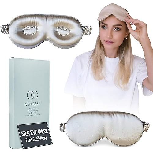 MATASSE Silk Eye Mask for Sleeping with Adjustable Elastic Band - 3D Contoured, Eye Cover Sleep Mask w/Genuine Mulberry Silk Including The Strap for Women, Men (Champagne)