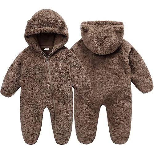BYFRI Baby Fluffy Onesies Infant Fleece Jumpsuits Cute Bear Hooded One Piece Outfit Newborn Snowsuit Footed Outerwear