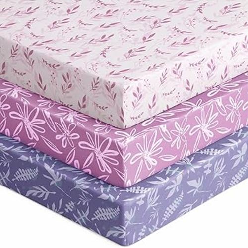 Baby Crib Sheets for Boys Girls, Fitted Crib Sheet Neutral 3 Pack for Standard Crib and Toddler Mattress, Breathable Soft Microfiber Baby Sheet 28x52x8in Purple Leaf