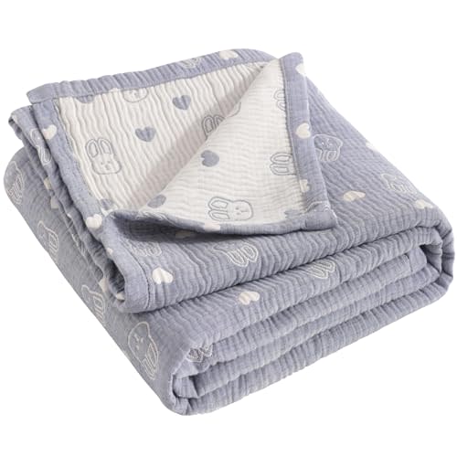 NTBAY 3 Layer Muslin Toddler Blanket, 30 x 40, Blue Rabbit | Breathable Muslin Cotton Outer Layers with Light Thermal Fill, Reversible for Stroller, Daycare, Travel, and Supervised Use