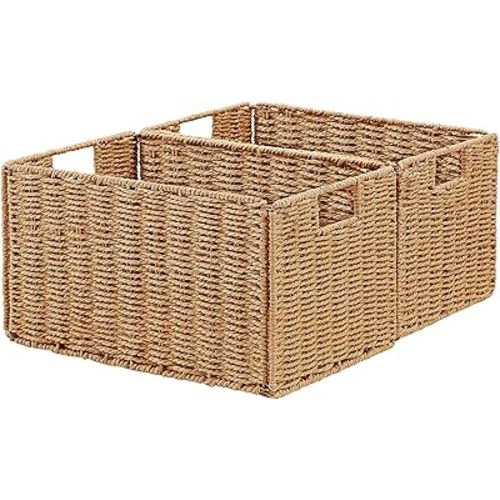 Vagusicc Wicker Storage Basket, Set of 2 Hand-Woven Paper Rope Wicker Basket, Small Storage Baskets for Organizing Toilet Paper Basket, Foldable Large Cube Storage Organizer Bins for Shelves (Natural)