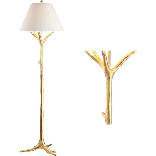 JONATHAN Y 63.5" Gold Leaf Faux Bois Resin LED Floor Lamp, Contemporary Tree Branch Standing Lamp for Living Room, White Linen Shade, Foot Switch, LED Bulb Included JYL3070A