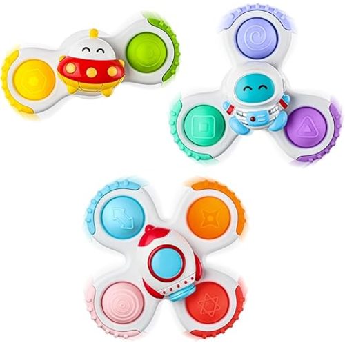 ALASOU 3PCS Pop Suction Cup Spinner Sensory Airplane Travel Toys for 1 2 Year Old Boy Girl Birthday Gift|Novelty Spinning Tops Easter Basket Stuffers for Toddlers Infant|Baby Bath Toy Kids Ages 1-3