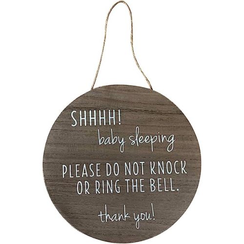 KIND FATE Baby Sleeping Sign | Dark Brown Wood & Jute Round Door Sign | No Knock, No Ring | New Mom Gift | 10" Diameter