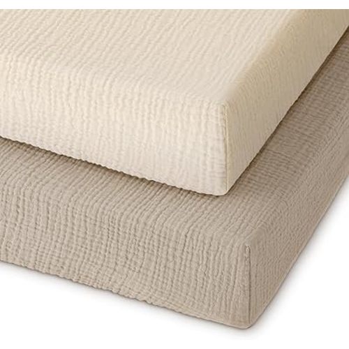 Muslin Pack and Play Sheets Fitted, 100% Cotton Mini Crib Sheets 2 Pack for Pack N Play Mattress, Stretchy Playard Sheet, Soft and Breathable Beige & Khaki