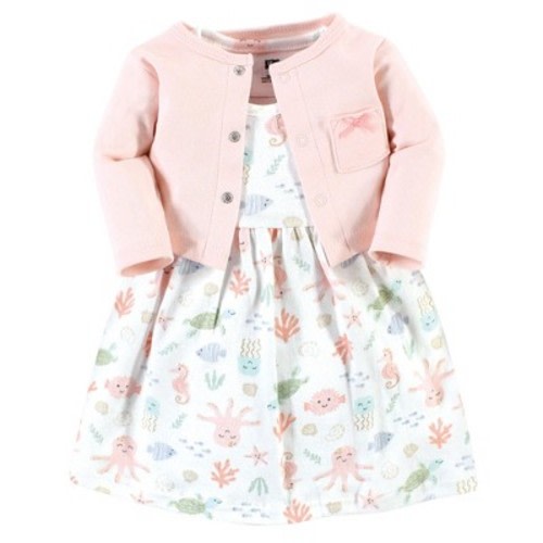 Hudson Baby Infant Girl Cotton Dress and Cardigan Set, Pastel Sea, 6-9 Months