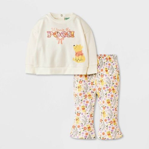 Baby Girls' 2pc Disney Winnie The Pooh Floral Bow Pullover & Bottom Set - Cream