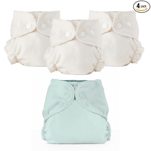 Esembly Cloth Diaper Bundle Set - 3 Organic Cotton Absorbent Inners and 1 Waterproof Outer Diaper Cover - Reusable, Washable, Snap Closure Cloth Diapers - Size 1 (7-17lbs), Mist