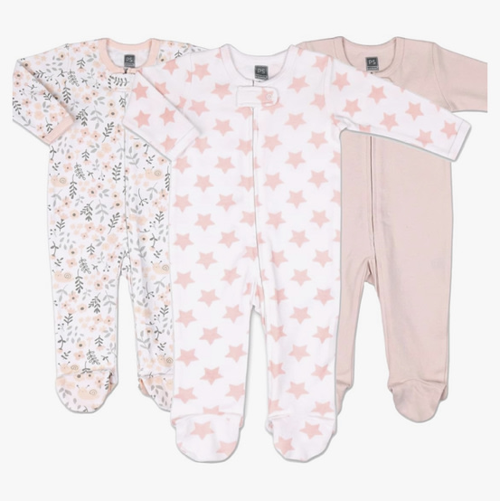 The Peanutshell Baby Sleepers for Girls Set of 3 - Soft Cotton Footed Pajamas for Newborns, Infants & Toddlers - Flower