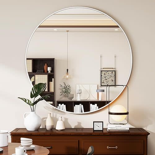 White Round Mirror, 30 Inch Bathroom Mirror with Metal Frame, Wall Wall-Mounted for Entryway, Bathroom, Vanity, Living Room