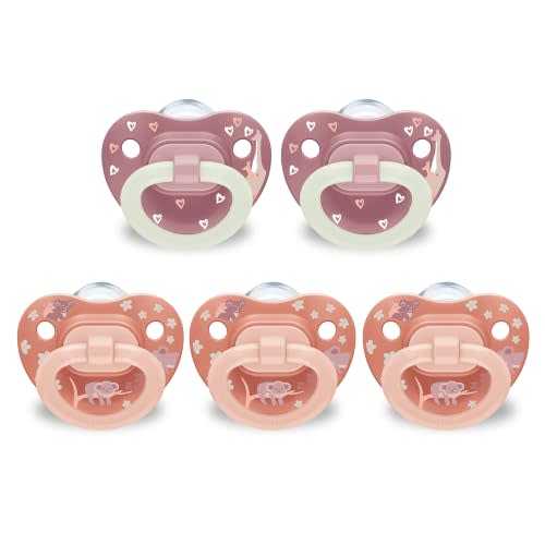 NUK First Choice Classic Orthodontic Baby Pacifier, 0-6 Months Newborn Pacifier, Orange & Pink, Newborn Essentials, 5-Pack
