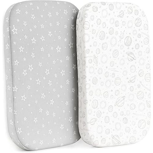 2 Pack Organic Bedside Bassinet Sheets Compatible with Mika Micky, Baby Delight, Dream On Me, AMKE and Other Bassinet Mattress Pads Size Between 17-21 in Width, 29-33 in Length, and 1.5-4 in Thick