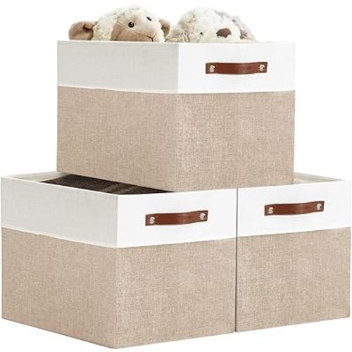 DECOMOMO Kallax Storage Cubes, 13x15x13 Storage Bins, Baskets for Organizing Shelves (Beige and White, 3-Pack)