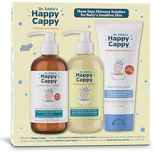 Happy Cappy Dr. Eddie's 3 Step Skincare Solution for Baby's Sensitive Skin | for Cradle Cap, Seborrheic Dermatitis, Dandruff, Dry, Itchy, Irritated, Eczema Prone Skin, Gift Box Set, 3 Pieces