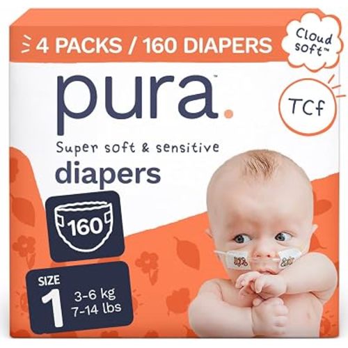 Pura Baby Diapers Size 1-160 Count, 7-14lbs, 12hr Leak Protection, Gentle Newborn Diapers, Hypoallergenic & Sensitive Baby Skin, Toxin-Free*, Blowout Blocker™, Wetness Indicator