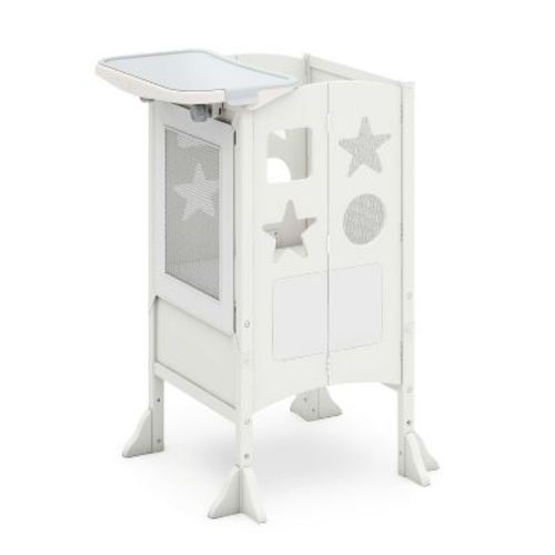 Guidecraft Classic Kitchen Helper Toddler Tower and Mealtime and Play Tray Bundle- Ivory: Foldable and Adjustable Kids Step Stool