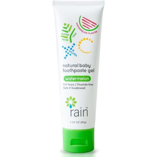 Rain Natural Baby Fluoride Free Kids Toothpaste Gel - Safe to Swallow Infant Toddler Tooth Paste, 2.8 Oz, Babies Training, Ages 6 to 12 months and Up Vitamin C Watermelon Toothpaste for Kids 0-6 years