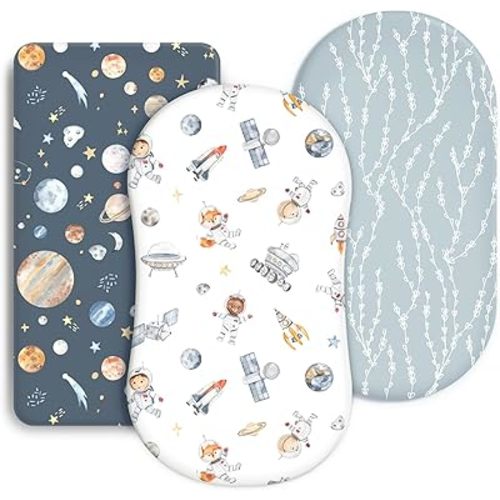GRSSDER Stretchy Ultra Soft Fitted Bassinet Sheets 3 Pack, Universal Fit for Baby Cradle Moses Basket Oval Rectangle Mattress Safe and Snug, Space Print