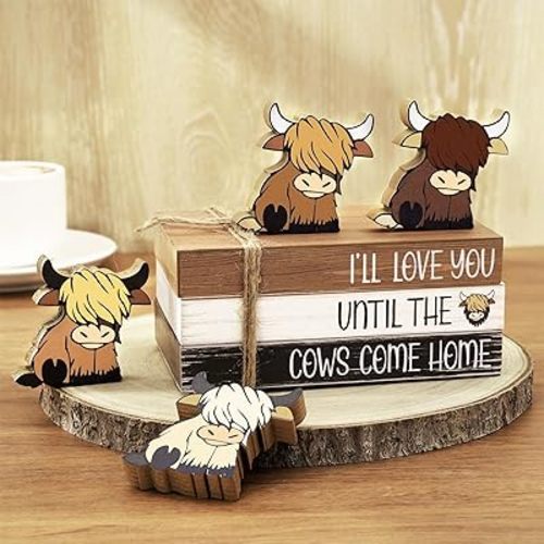 Whaline Highland Cow Wooden Tiered Tray Decor Farmhouse Decorative Faux Stacked Books Rustic Table Centerpiece Block Signs for Party Home Kitchen Dining Table Decor