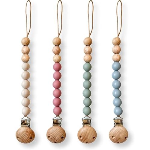 Hippypotamus Pacifier Clips - Silicone Holder for Baby’s Binky & Teething Toys - Set of 4 (Sand/Rose/Sage/Stone)