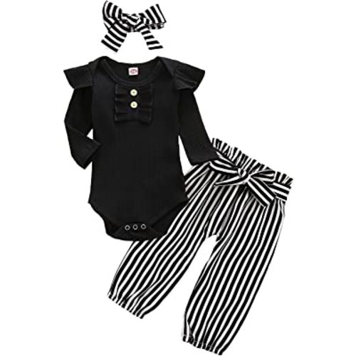 Newborn Baby Girl Clothes Ribbed Ruffled Romper+Striped/Cow/Leopard Flared Pants Infant Outifts 0-18 Months