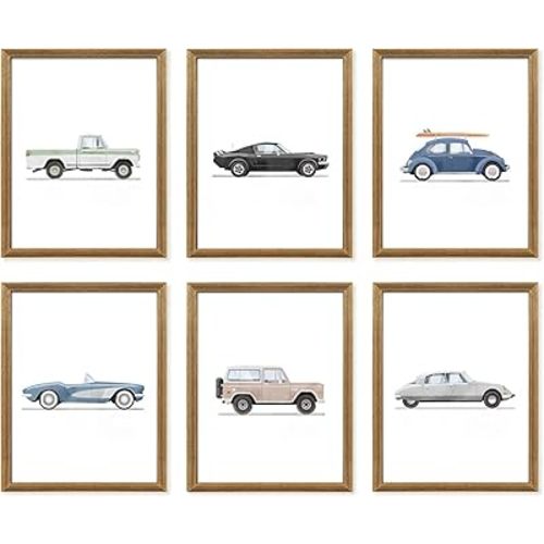 8x10 inch x6 Frame Watercolor Classic Car Art Print Vintage Racing Buggy Canvas Wall Art Boys Bedroom Playroom Decoration Vintage Car Artwork