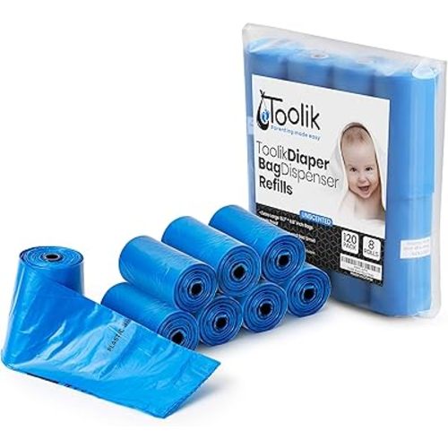 Toolik Diaper Bag Dispenser Refills Disposable Unscented Waste Bags (8 Rolls - 120 bags)
