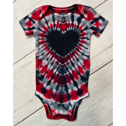 Red, Black, Heart Tie Dye Infant Bodysuit, customize colors and personalization available