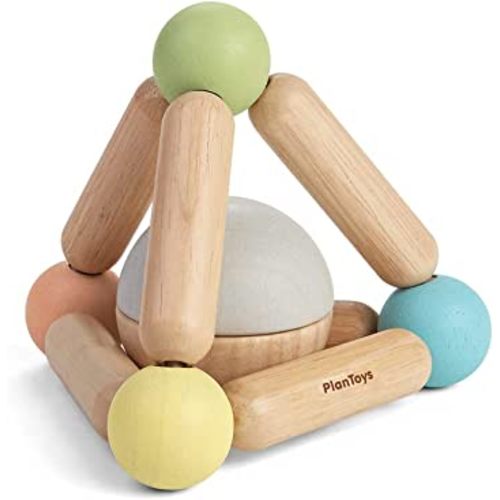 PlanToys Wooden Clutching Triangle Baby Toy with Gentle Sound in Two-Toned Ball (5256) | Pastel Color Collection |Sustainably Made from Rubberwood and Non-Toxic Paints and Dyes