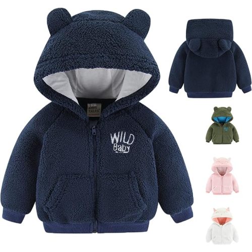 Newborn Infant Baby Boys Girls Cartoon Fleece Hooded Jacket Coat with Ears Warm Outwear Coat Zipper Up (0-3M, Navy Blue)