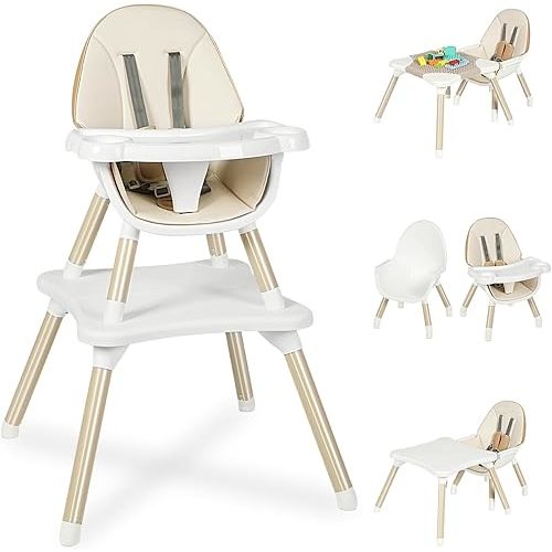 6 in 1 Baby High Chair, Convertible Highchair for Babies and Toddlers, Building Block Table Highchair with 5-Point Safety Harness/Removable Tray, Infant Feeding Table and Chair Set, Khaki