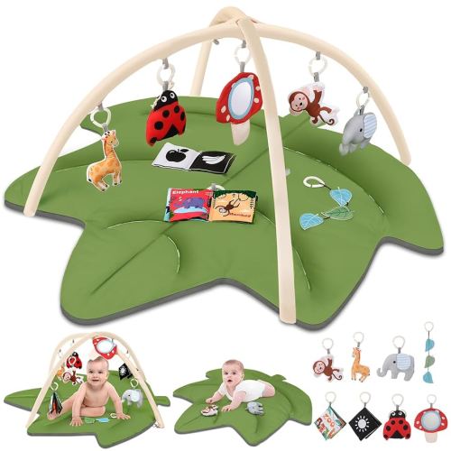 Lilian&Gema Baby Play Gym & Activity Mat, Leaf Shaped Tummy Time Mat with 8 Detachable Toys,Infant Play Mat for Stage-Based Sensory & Motor Skill Development for Newborn Boys Girls
