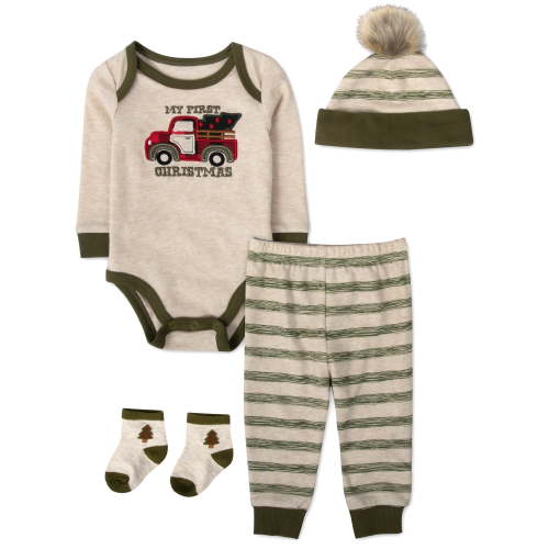 Baby Essentials Long Sleeve My First Christmas Pickup Truck Romper with Matching Pom Pom Hat, Jogger Pants & Socks Set for Newborns & Infants of 6 Months for Holiday, Celebrations & Photos