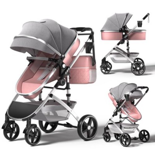 TEAYINGDE 2 in 1 Baby Stroller,Foldable Lightweight Carriage Reversible Bassinet Pram for Toddler,Travel Stroller with with Cup Holder、Storage Bag,Pink