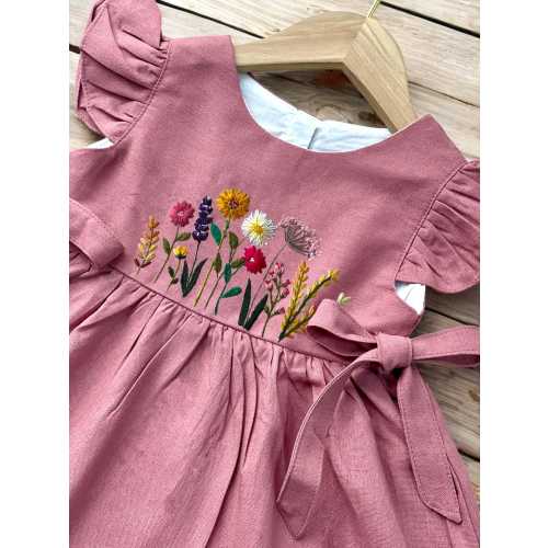Dress with Wildflowers Embroidery, Girls Soft Linen Dress, Toddler Linen Dress, Custom First Birthday Dress, Kids Clothing, Dress for Girls