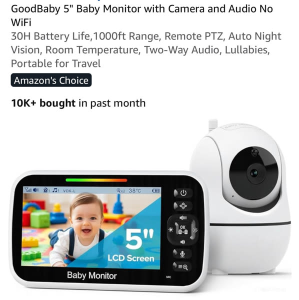 Amazon.com: GoodBaby 5" Baby Monitor with Camera and Audio No WiFi | 30H Battery Life,1000ft Range, Remote PTZ, Auto Night Vision, Room Temperature, Two-Way Audio, Lullabies, Portable for Travel