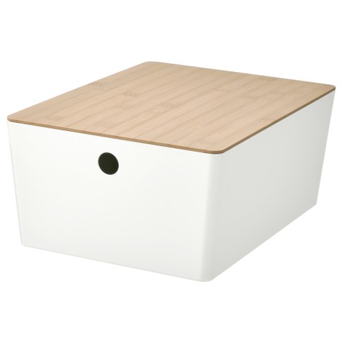 KUGGIS Box with lid - white/bamboo 10 ¼x13 ¾x6 "