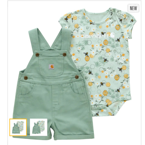 Girls' 2-Piece Short Sleeve Bee Bodysuit & Canvas Shortall Set (Infant) | Full Stock Sale | Carhartt