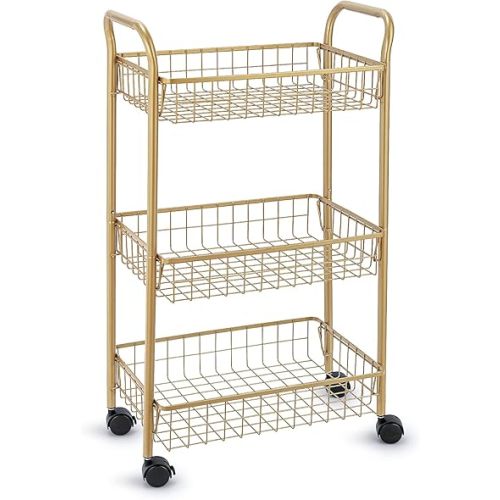 3 Tier Rolling Utility Cart, Storage Trolley Service Cart with Wheels Easy Assembly for Kitchen, Living Room, Office, Salon, Gold